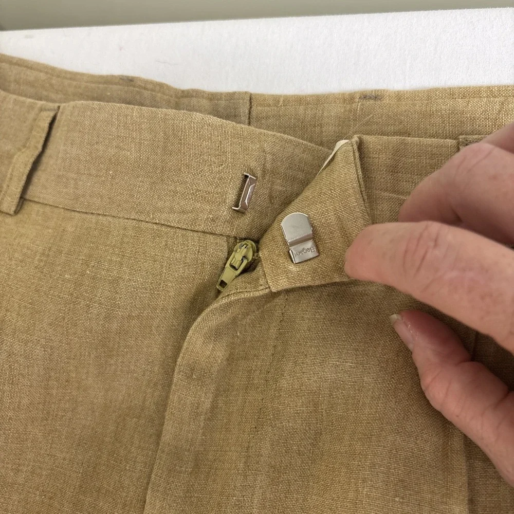 Hickey Freeman 100% Linen Trousers Mens 35x33 Tan Italy Pleat Cuffed Dress Pants